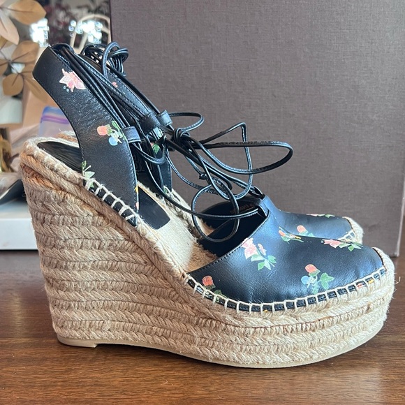Saint Laurent YSL Floral Black Leather Ankle Wrap Espadrille Wedge Heel EU 40 - Picture 6 of 9